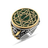 Dark Green Enameled Barbarossa Silver Ring with The Seal of Solomon & Zulfiqar Sword Motifs (1)