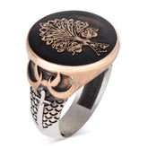 Enameled Tree of Life Model Silver Ring with Triple Crescent Motifs