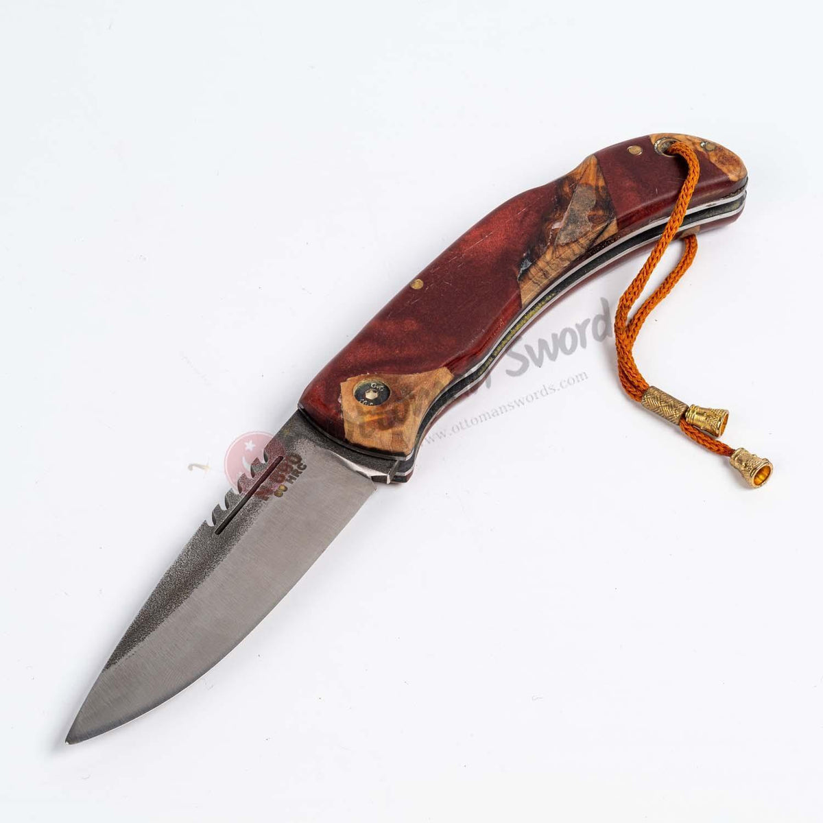 Epoxy Burgundy Handle Folding Knife and Leather Sheath (2)