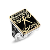Rectangle Cut Black Enameled Barbarossa Flag Silver Ring with Nalain Shareef & Zulfiqar Sword Motifs