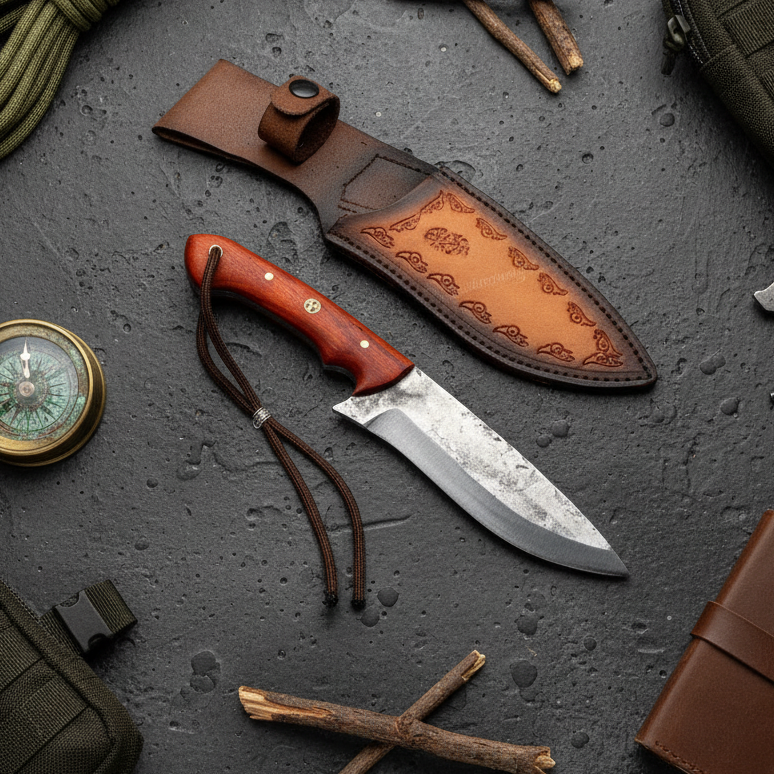 28 cm Hand Forged Carbon Steel Hunting Knife with Padauk Wood Handle