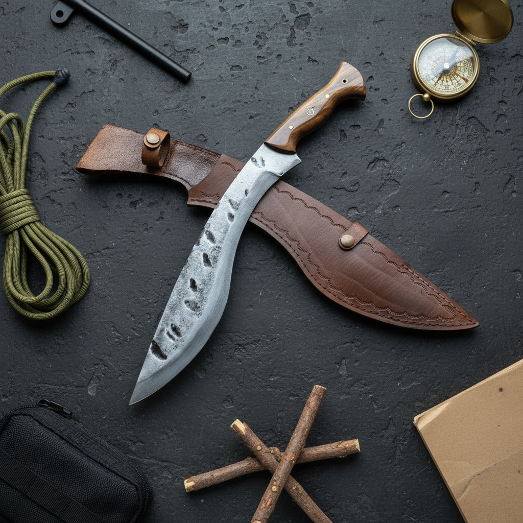 45 cm Hand Forged Carbon Steel Kukri Knife with Walnut Wood Handle