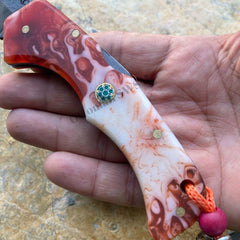 8 İnches Folding Pocket Knife Red and White Handle N690 Steel Camping Knife