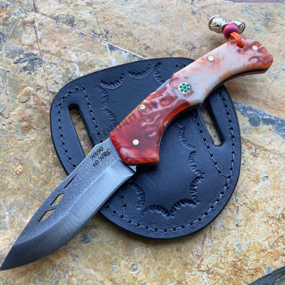 8 İnches Folding Pocket Knife Red and White Handle N690 Steel Camping Knife