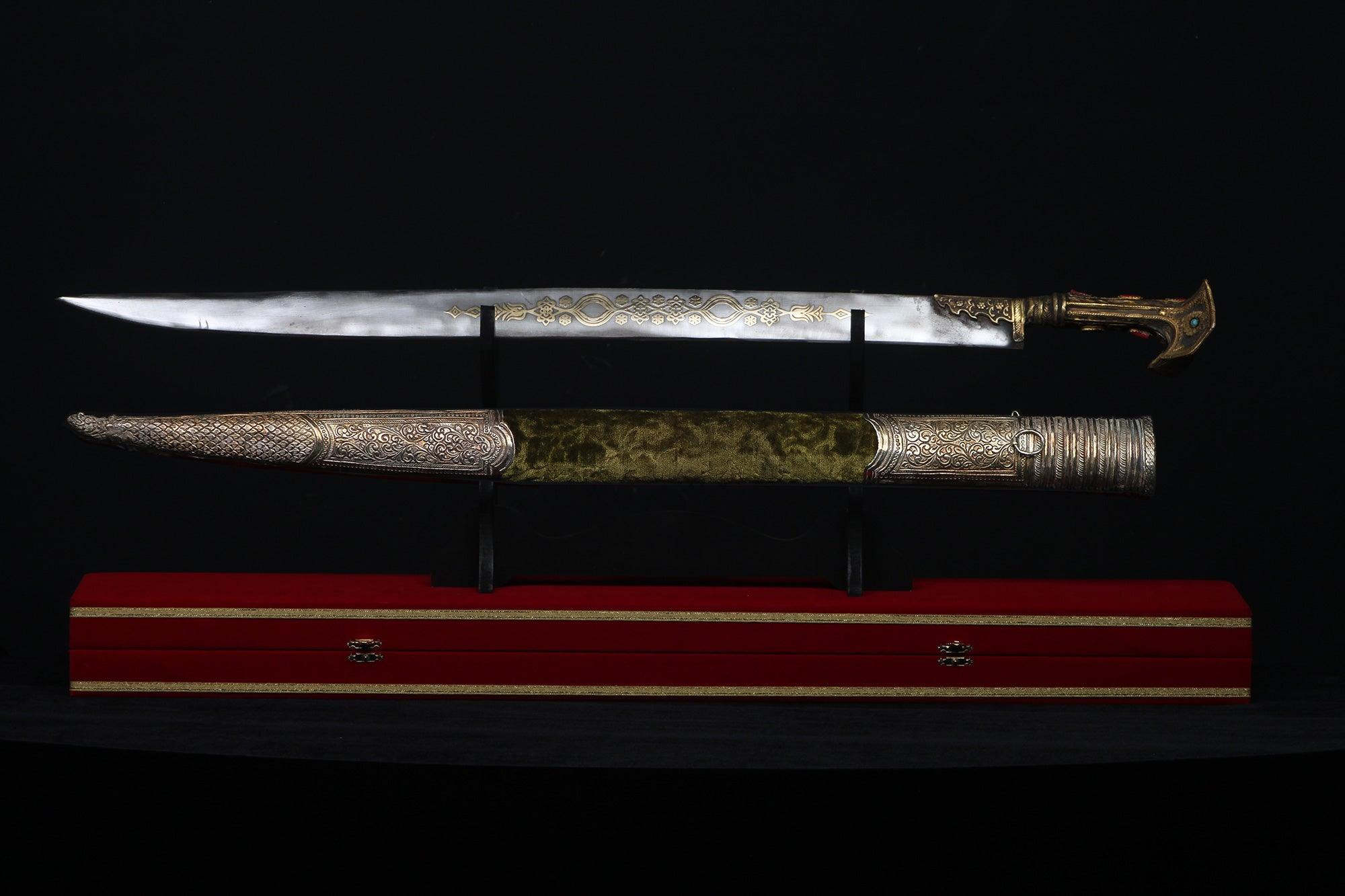 Antique Style Yatagan Sword Khaki Green Velvet Brass Scabbard