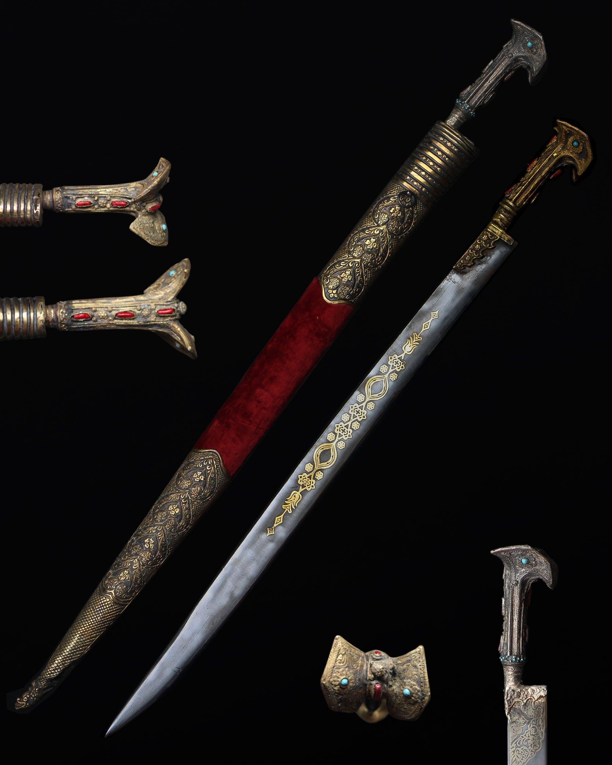 Antique Style Yatagan Sword Red Velvet Brass Scabbard