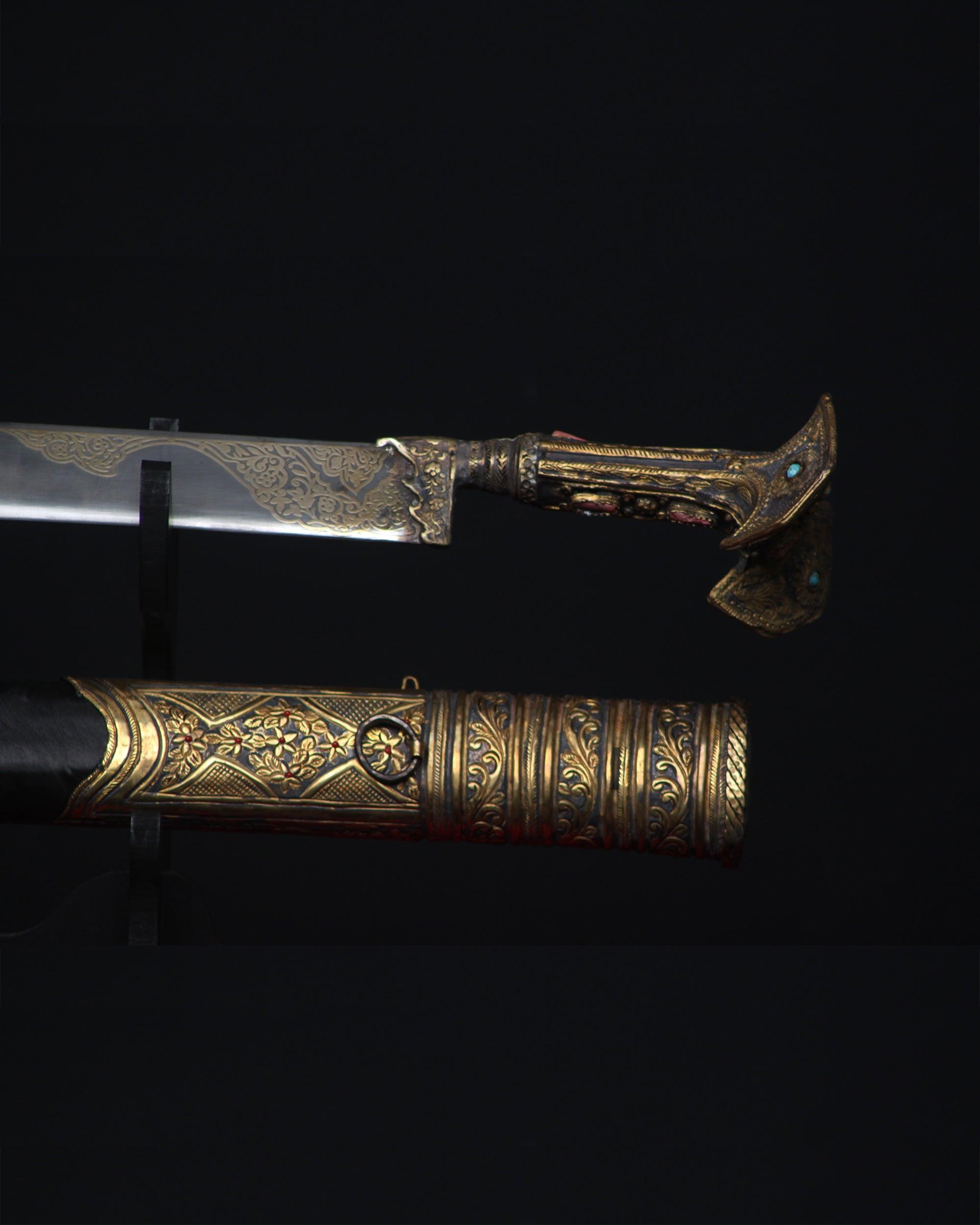 Antique Style Yatagan Sword With Brass Handle Leather Scabbard