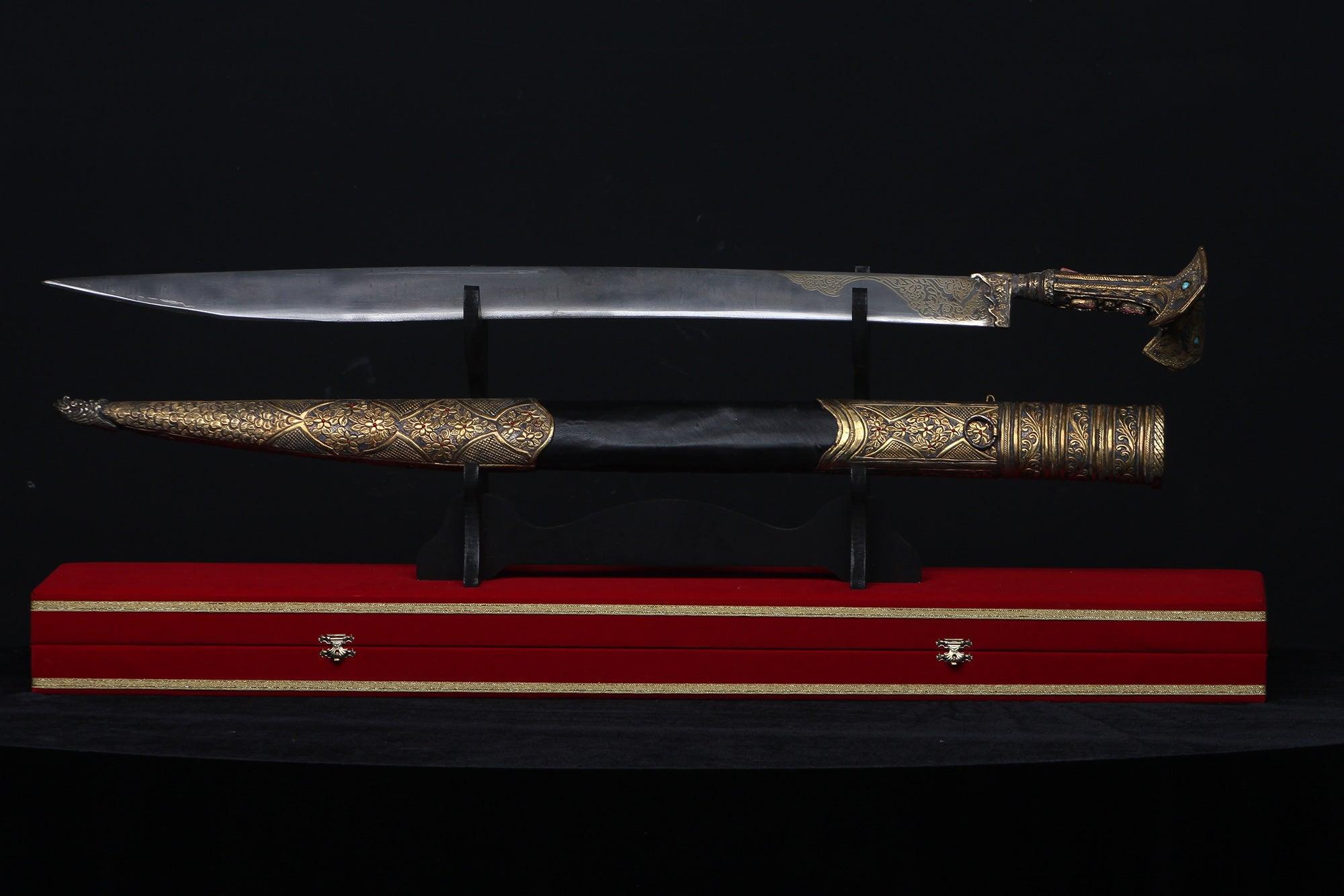 Antique Style Yatagan Sword With Brass Handle Leather Scabbard