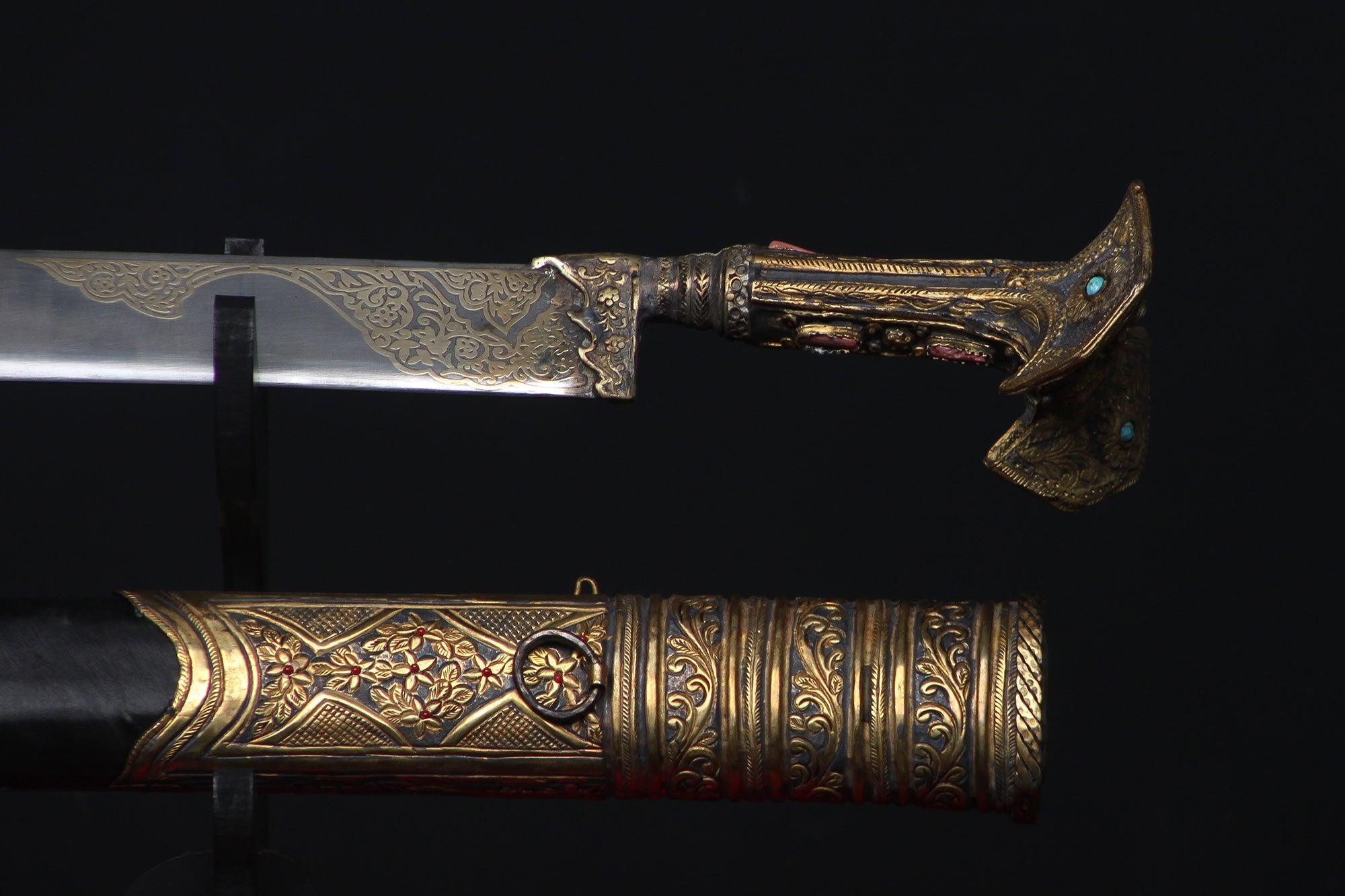 Antique Style Yatagan Sword With Brass Handle Leather Scabbard