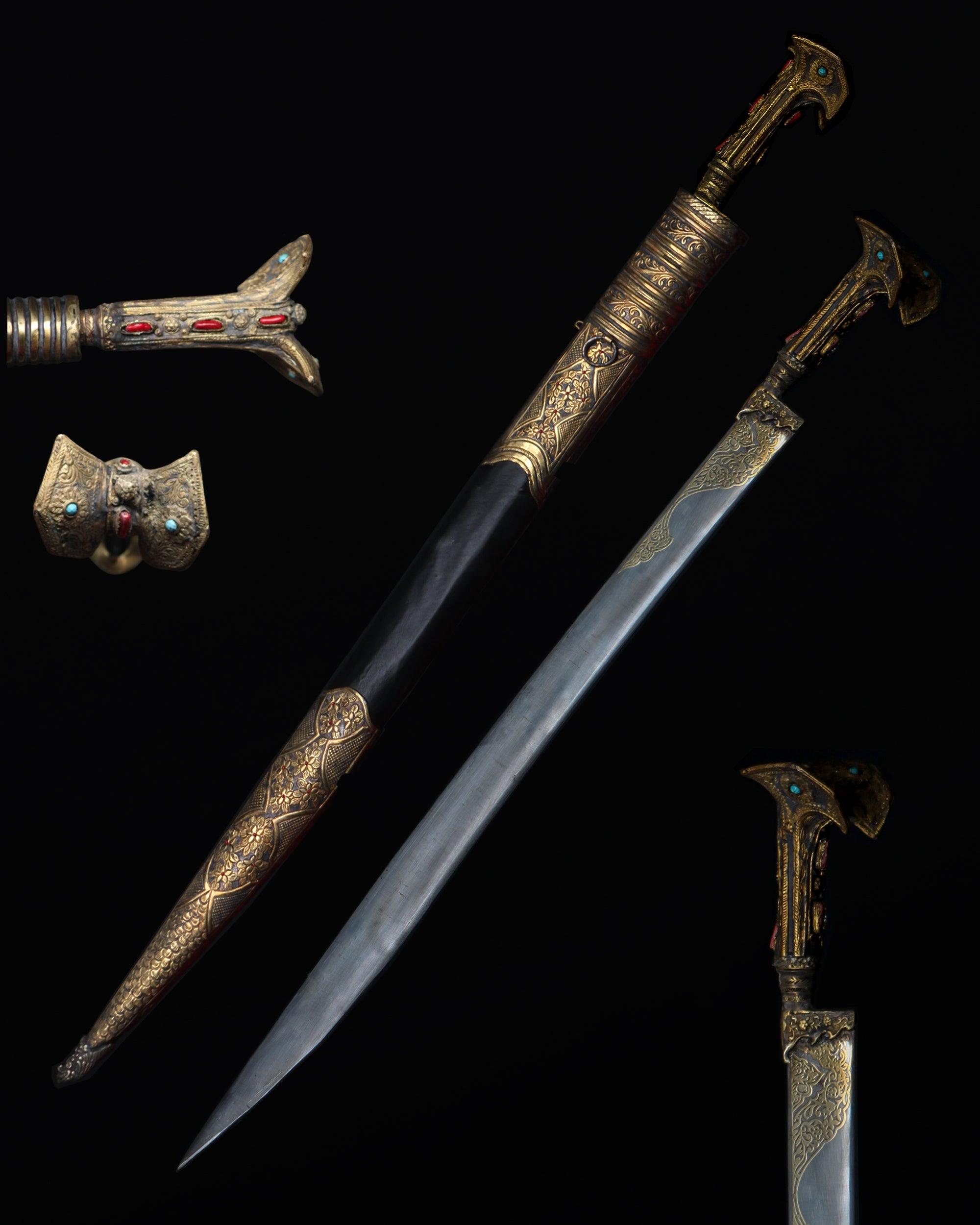 Antique Style Yatagan Sword With Brass Handle Leather Scabbard