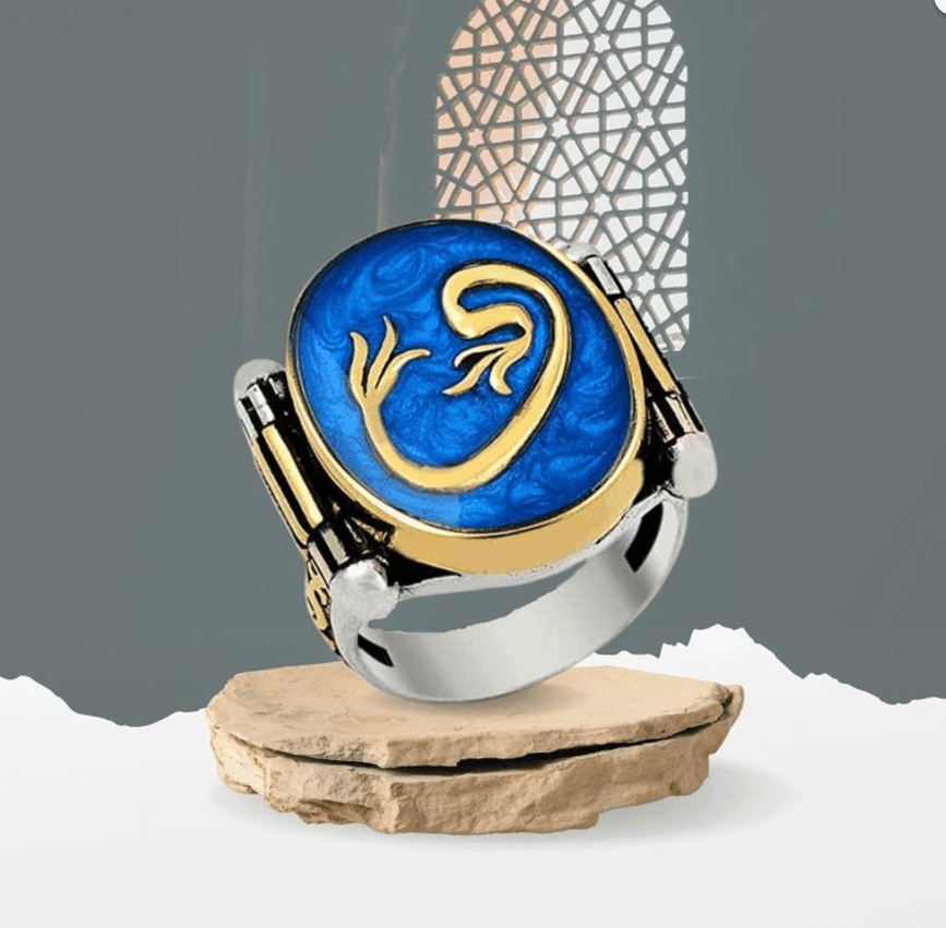 Blue Enameled Vav Motif Silver Ring (2)