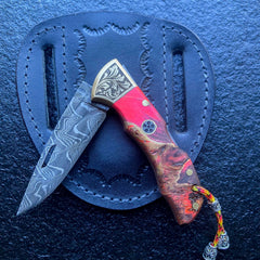 Damascus Pocket Knife, 6.5" With Belt Sheath