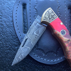 Damascus Pocket Knife, 6.5" With Belt Sheath