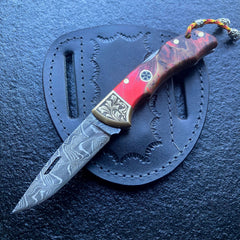 Damascus Pocket Knife, 6.5" With Belt Sheath