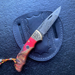 Damascus Pocket Knife, 6.5" With Belt Sheath