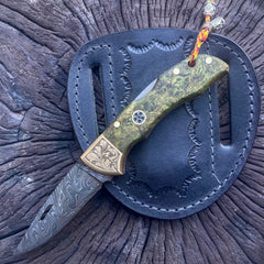 Damascus Steel Folding Knife Stabilized Green Handle