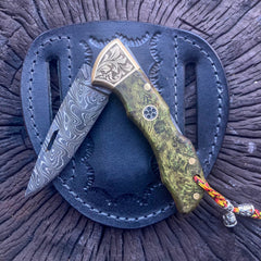 Damascus Steel Folding Knife Stabilized Green Handle