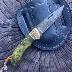 Damascus Steel Folding Knife Stabilized Green Handle