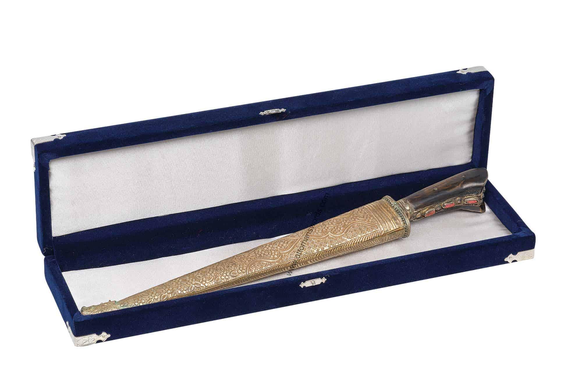 Coral-Detailed-Ottoman-Dagger-Brass-Scabbard-With-Box