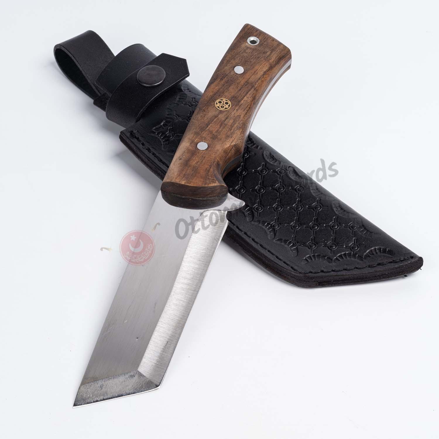 Custom Handmade Tanto Blade Knife Wood Handle Leather Sheath (3)