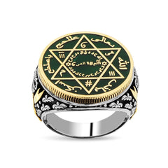 Dark Green Enameled Barbarossa Silver Ring with The Seal of Solomon &amp; Zulfiqar Sword Motifs (3)
