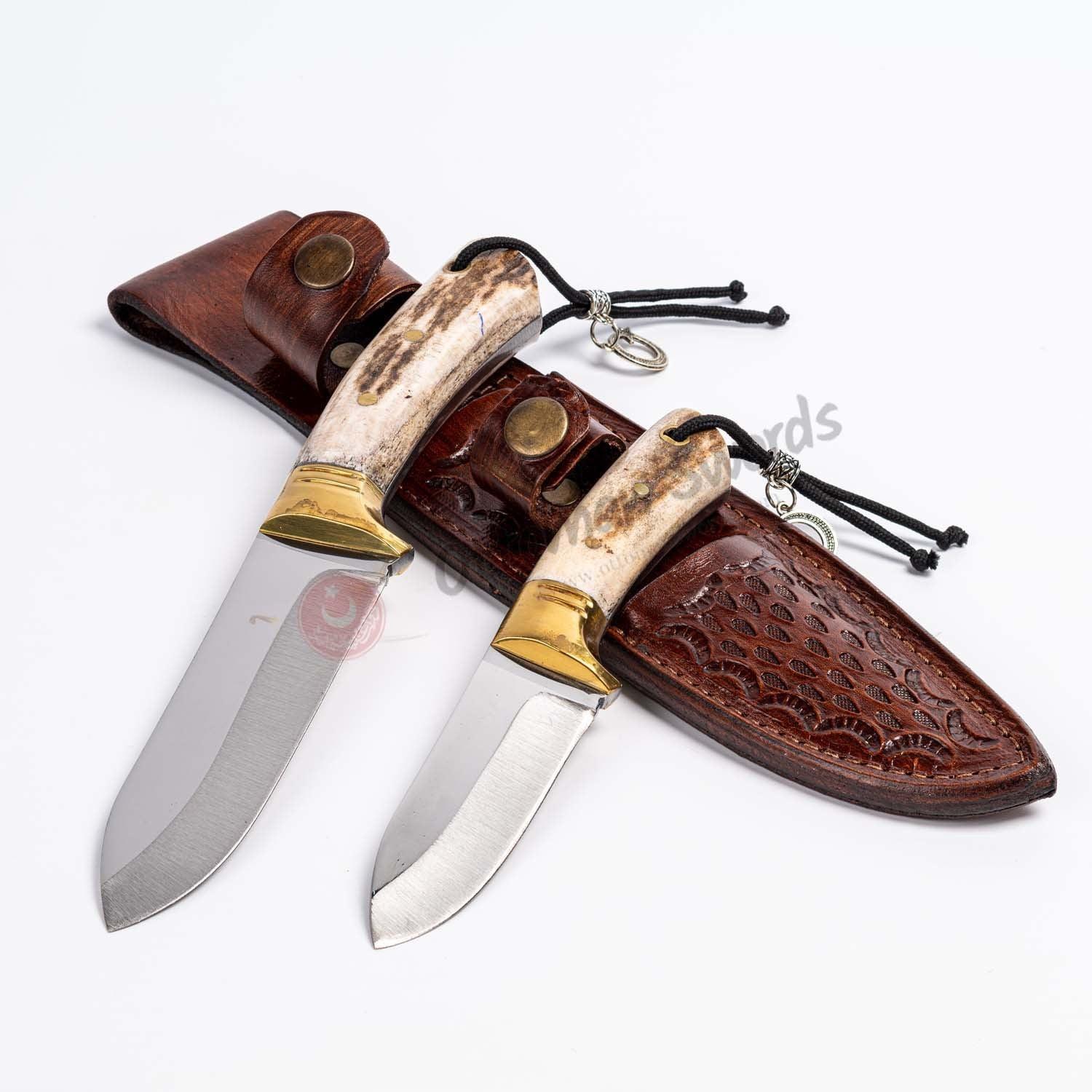 Deer Antler Brass Bolster Handle Hunting Knife Set (2)