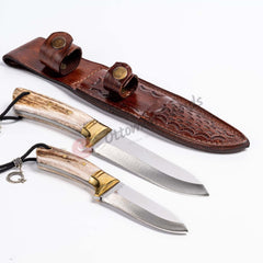 Deer Antler Brass Bolster Handle Hunting Knife Set (3)