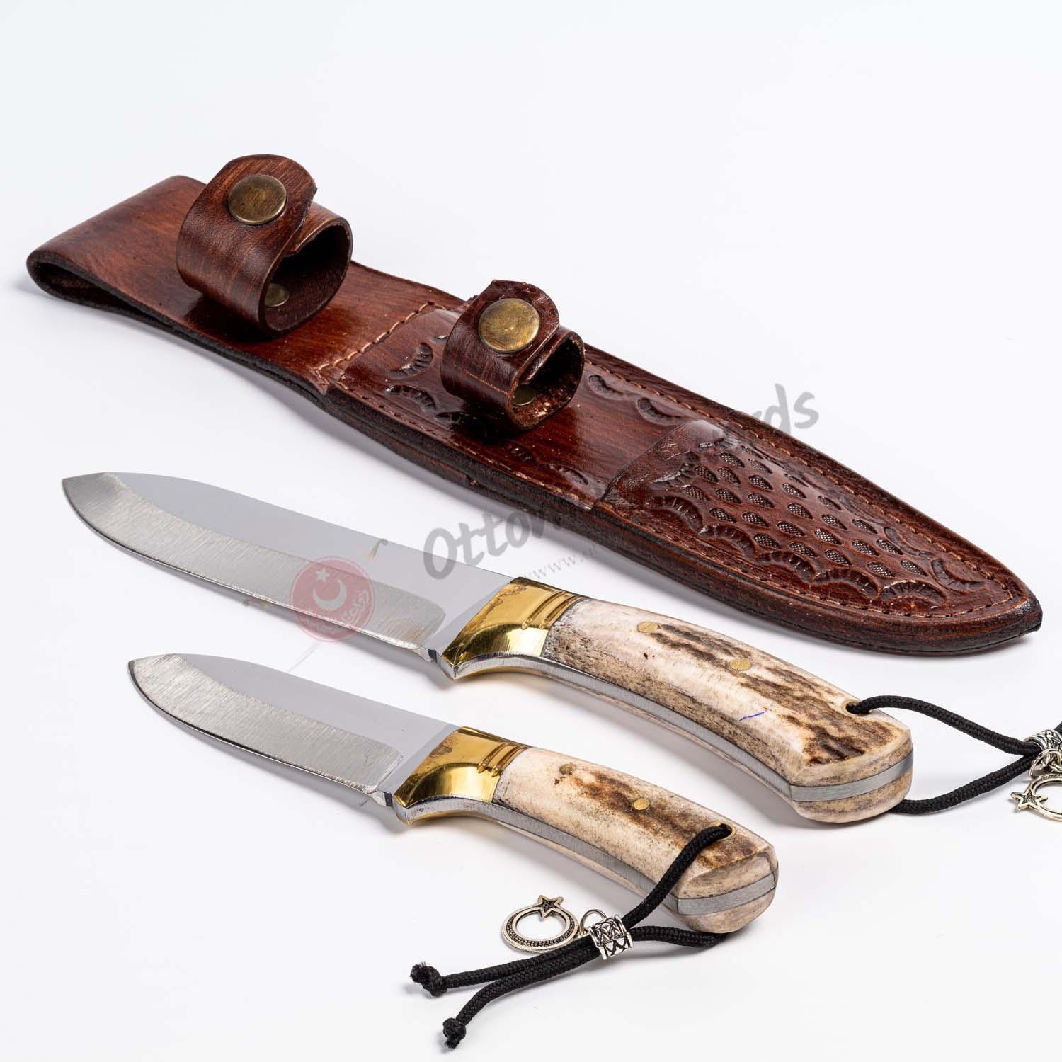 Deer Antler Brass Bolster Handle Hunting Knife Set (4)