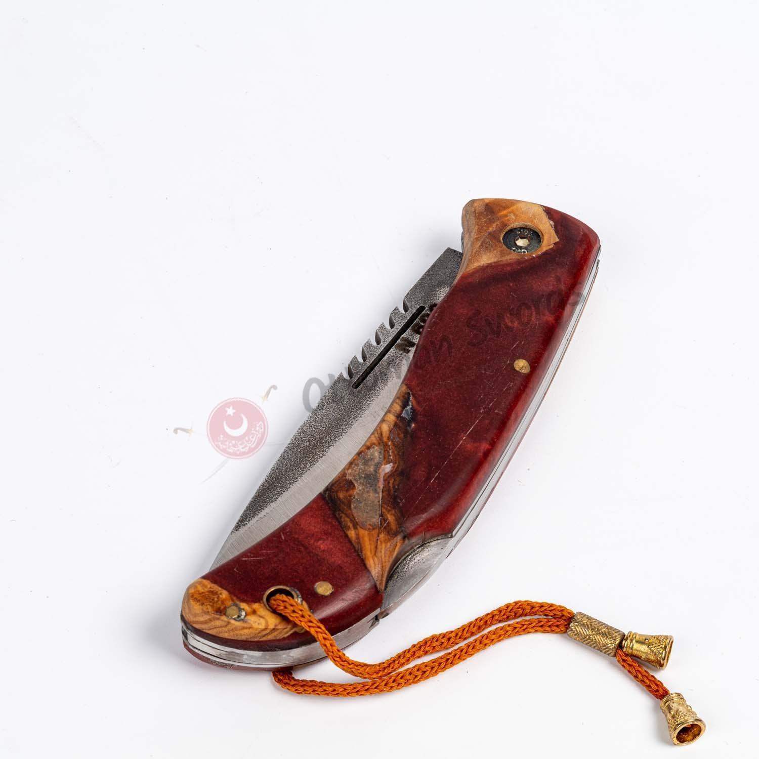 Epoxy Burgundy Handle Folding Knife and Leather Sheath (1)
