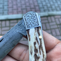 Stag Handle Engraved Damascus Folding Knife