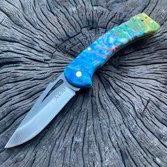 N690 Steel Blue Green Handle Folding Knife With Clip