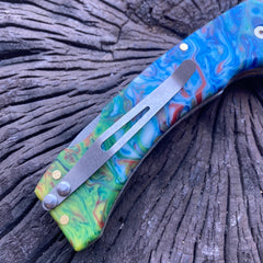 N690 Steel Blue Green Handle Folding Knife With Clip