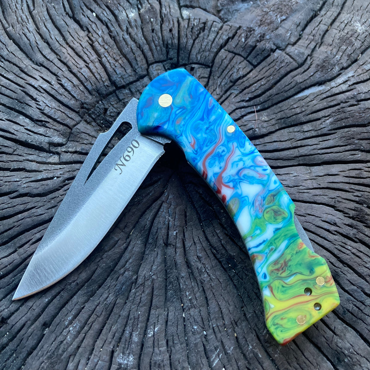 N690 Steel Blue Green Handle Folding Knife With Clip