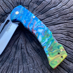 N690 Steel Blue Green Handle Folding Knife With Clip