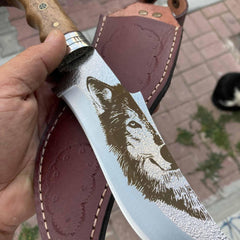 Genuine Leather Sheath, Wolf head Handle Engraving Hunting Knife Fixed Blade Hand Forged Survival Knife Camping Knives Gift For Men (12)