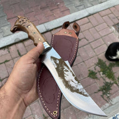 Genuine Leather Sheath, Wolf head Handle Engraving Hunting Knife Fixed Blade Hand Forged Survival Knife Camping Knives Gift For Men (13)