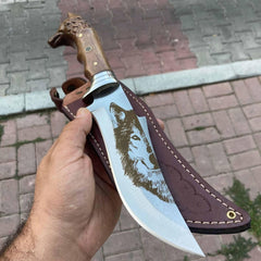 Genuine Leather Sheath, Wolf head Handle Engraving Hunting Knife Fixed Blade Hand Forged Survival Knife Camping Knives Gift For Men (20)