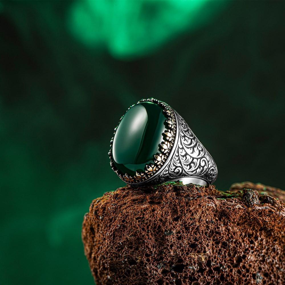 Green Agate Stone Silver Ring with Ottoman Motifs