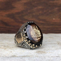 Mosque Motif on Amber Stone Silver Ring for men (1)