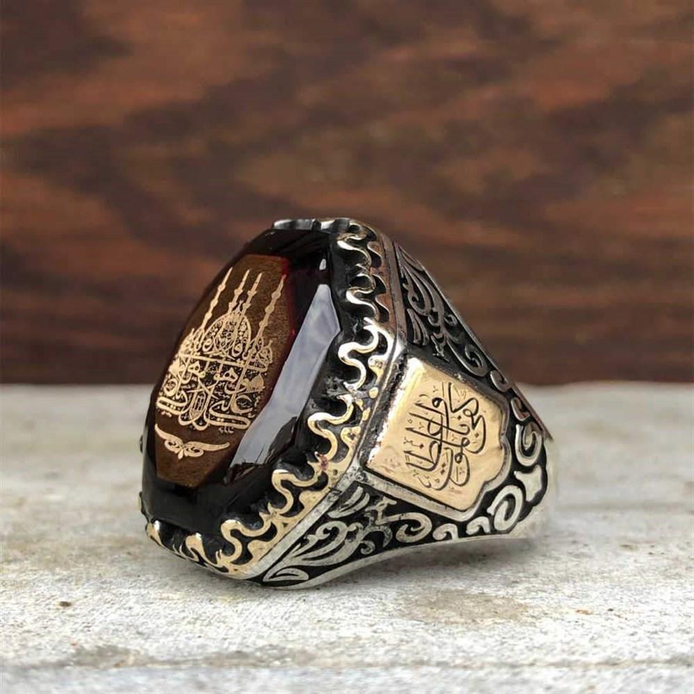 Mosque Motif on Amber Stone Silver Ring for men (2)