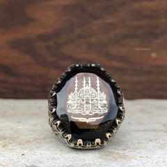 Mosque Motif on Amber Stone Silver Ring for men (3)