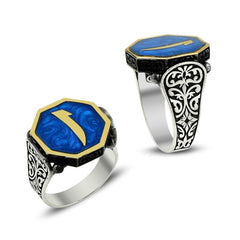 Octagonal Model Enameled Elif Motif Silver Ring for men