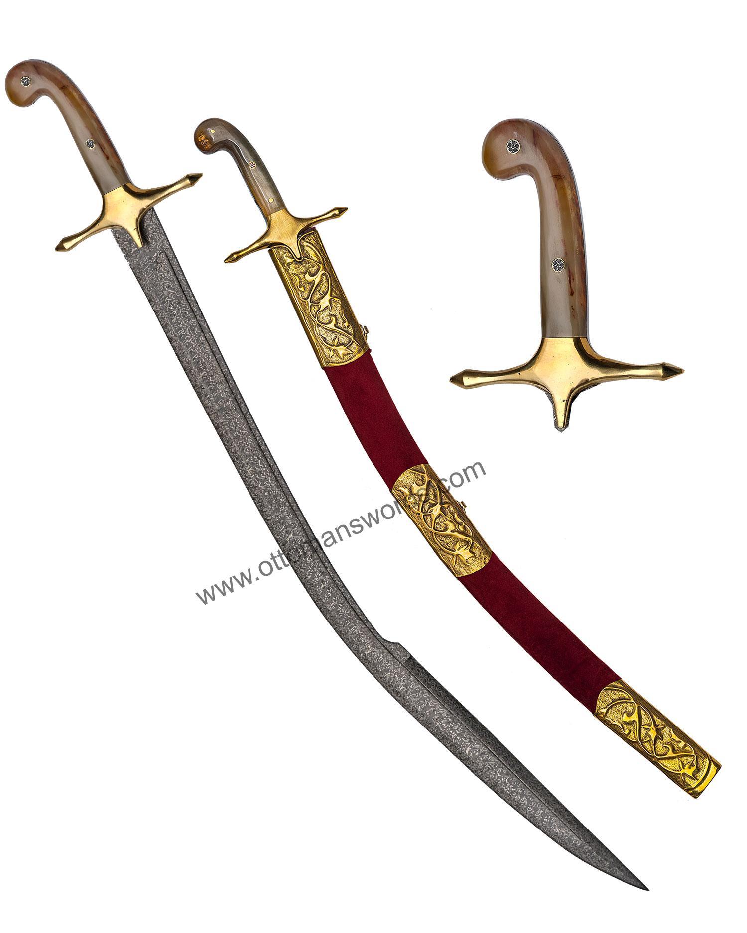 Ram Horn Handle Damascus Steel Sword For Sale