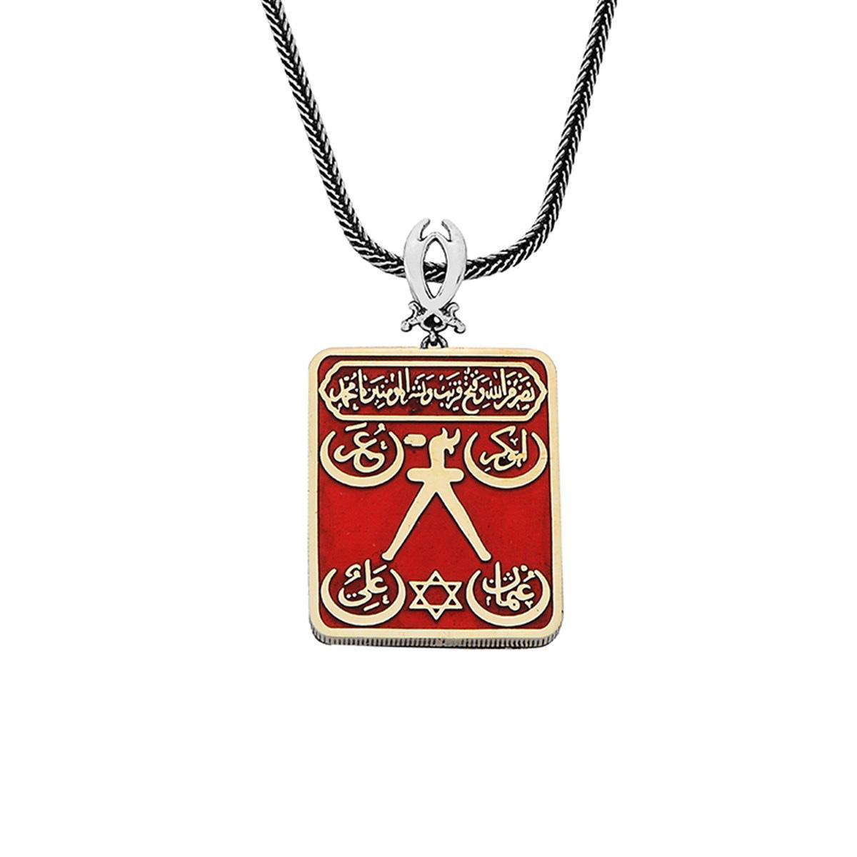 Red Enameled Barbarossa Flag Silver Necklace Decorated with Zulfiqar Swords