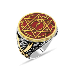 Red Enameled Barbarossa Silver Ring with The Seal of Solomon &amp; Zulfiqar Sword Motifs