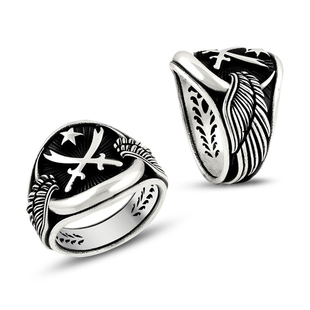 The Crescent and Star Zulfiqar Sword Silver Ring with Wing Motifs