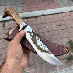 Wolf Head Handmade Hunting And Camping Serrated Knife (8)