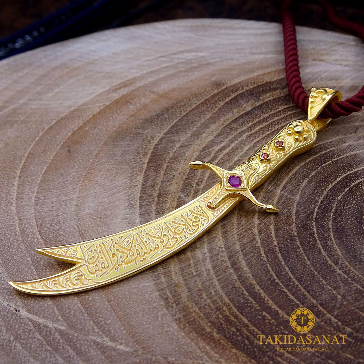Zulfiqar Sword Gold Plated Silver Necklace for sale