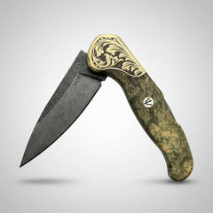 M390 Folding Knife with Green Burl Wood Handle