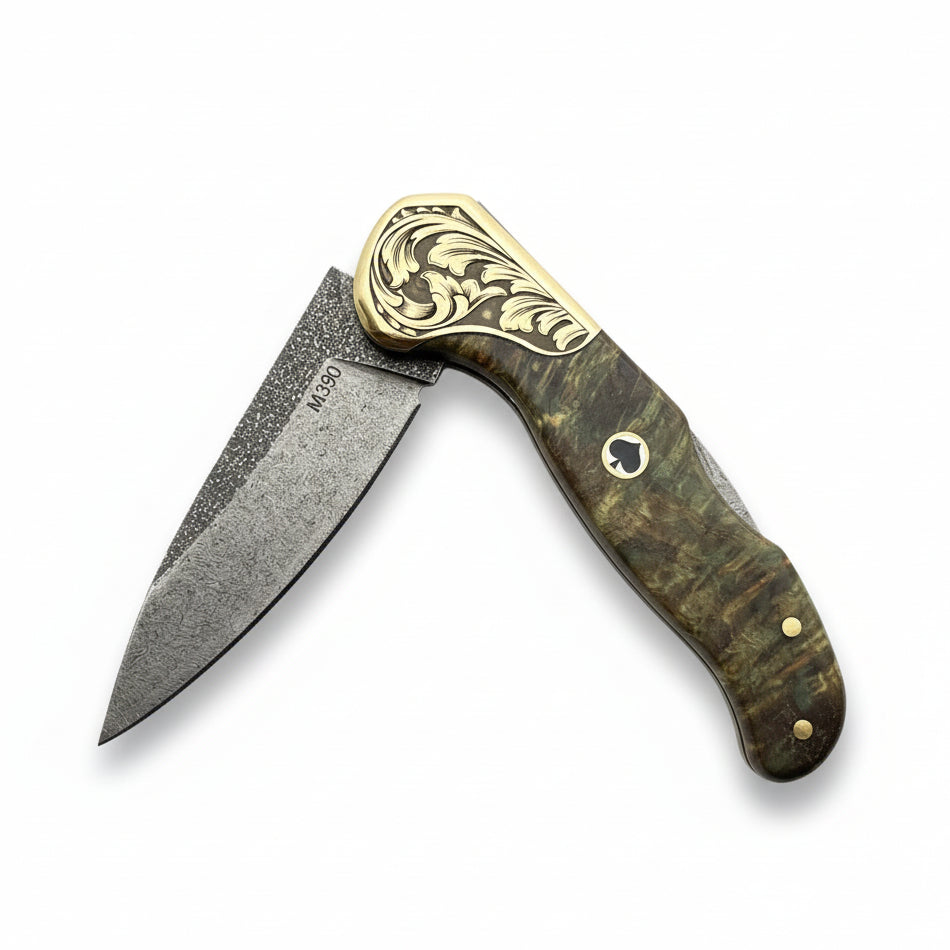 M390 Folding Knife with Olive Burl Wood Handle